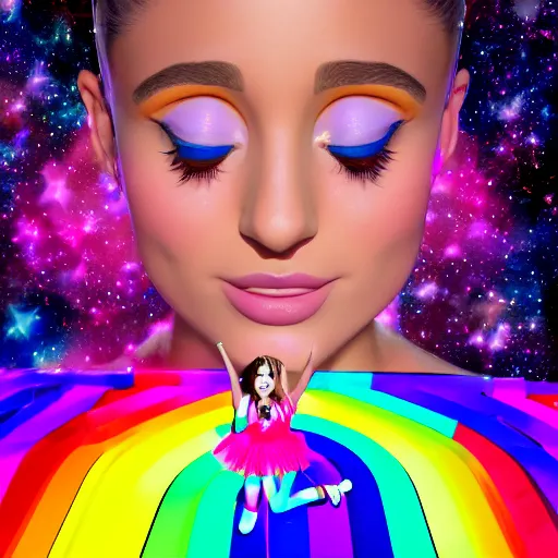 Image similar to 35mm macro shot portrait of an extremely cute and adorable Prismatic Spectrum Cosmic Magical Girl Ariana Grande from the Rainbow Sky Paradise playing Dance Dance Revolution at Eurovision and Tomorrowland, , large wide-set piercing eyes, smirk, ambient occlusion, DAZ, cinematic lighting, 3D render, unreal engine 5, professional graflex photograph by artgerm