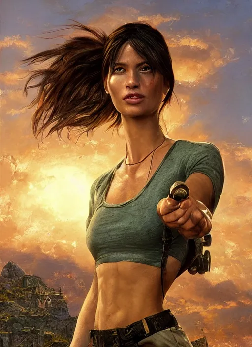 Image similar to Lara Croft posing in a crop top, golden hour, Lilia Alvarado, Sophie Anderson, Mark Arian, Bob Byerley, Charlie Bowater, Mark Brooks, Steve Henderson, Justin Gerard, Arthur Hughes, Edward Robert Hughes, Mark Keathley, Victor Nizovtsev, Carlos Shwabe, Ross Tran, WLOP