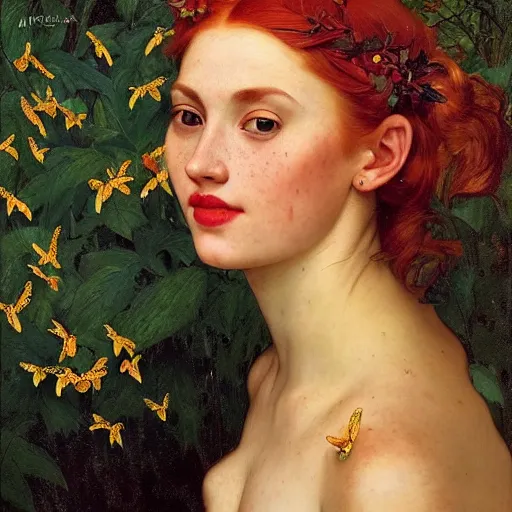 Prompt: a highly detailed portrait of a red haired young woman, among golden fireflies and nature, by night, green eyes, round gentle face, hint of freckles, cheeky smile with red lips, deep focus, smooth, sharp, golden ratio, elegant, digital painting by artemisia lomi gentileschi, caravaggio, artgerm, alphonse mucha