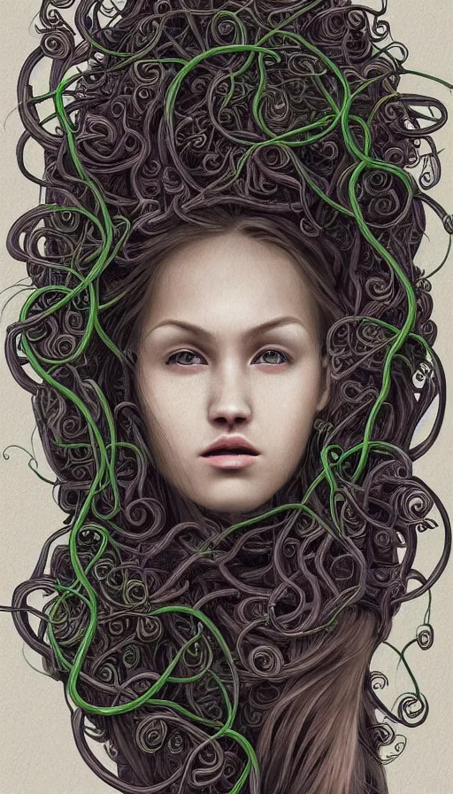 Prompt: very detailed portrait of a 2 0 years old girl surrounded by tentacles, the youg woman visage is blooming from fractal and vines, by esao andrew