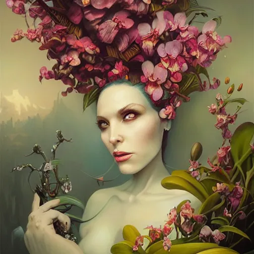 Prompt: The queen of orchids, Peter Mohrbacher, hyperrealistic matte painting