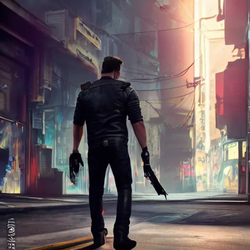 Image similar to a detailed full bodied 3 d render of an extremely handsome jensen ackles as the terminator walking down a dark alley in cyberpunk 2 0 7 7, holding futuristic crossbow, volumetric lighting, octane render, 8 k, art by greg rutkowski and albert bierstadt and alphones mucha