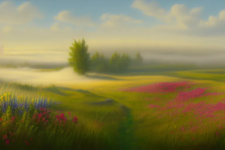 Prompt: a matte painting of a manitoba canada prairie, cottages, foggy, patchy flowers, oil painting, pale colors, high detail, 8 k, wide angle, trending on artstation,