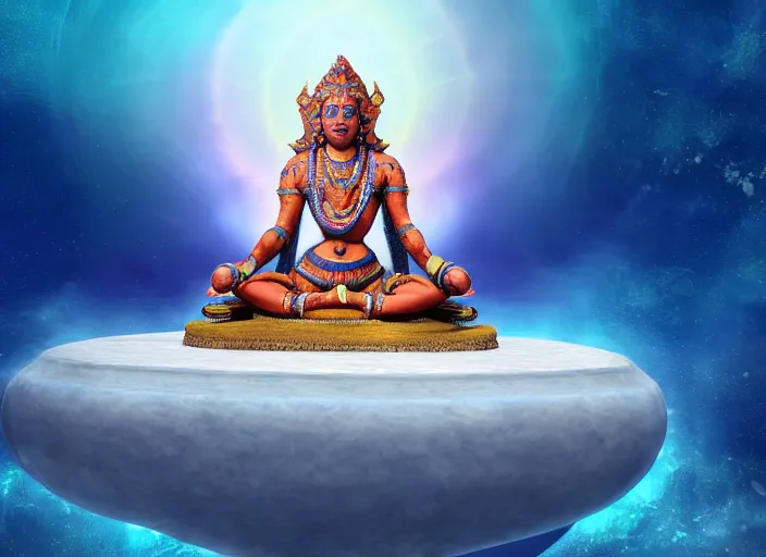 Prompt: vishnu sitting on adishesha floating across the cosmic ocean, digital art, octane render