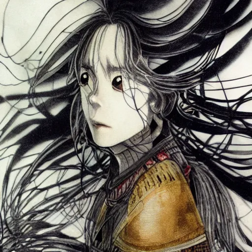 Image similar to yoshitaka amano blurred and dreamy realistic illustration of a phil lamarr with black eyes, wavy white hair fluttering in the wind wearing elden ring armor with engraving, abstract patterns in the background, satoshi kon anime, noisy film grain effect, highly detailed, renaissance oil painting, weird portrait angle, blurred lost edges, three quarter view