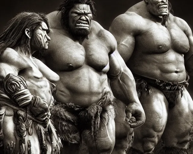 Image similar to hyper realistic group vintage photograph of a live action warcraft orc warrior tribe in the jungle, tall, hulk like physique, detailed faces, tribal paint, tribal armor, grain, old, monochrome, sepia toned, realistic lighting, wide angle