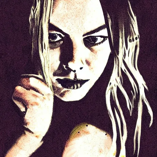 Image similar to grunge drawing of margot robbie in the style of the grudge