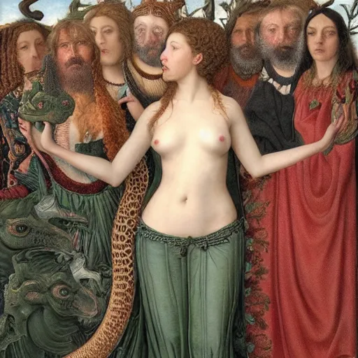 Prompt: elaborate coral, pale green by dino valls, by ferdinand keller. a beautiful painting of a large, dragon - like creature with sharp teeth, talons, & a long tail. the creature is looming over a small group of people who appear to be in distress.