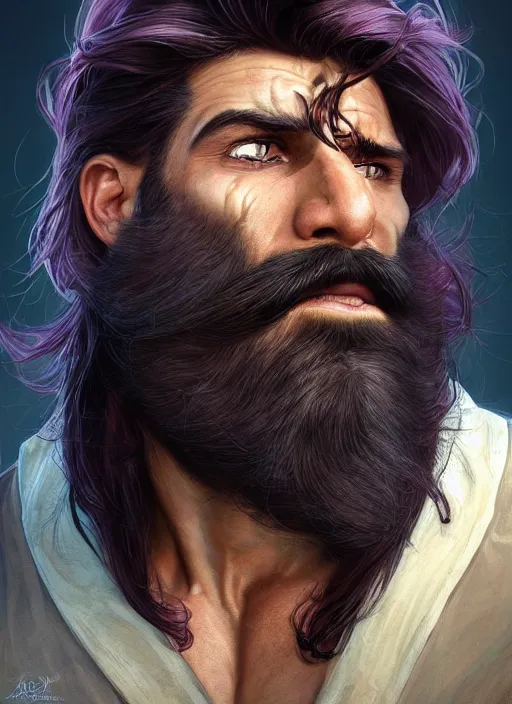 Prompt: portrait of a hulky herculean well groomed ork with flowing long deep violet hair, epic beard, style of prince of persia, intricate, elegant, highly detailed, digital painting, artstation, concept art, smooth, sharp focus, illustration, art by artgerm and greg rutkowski and alphonse mucha, 8 k