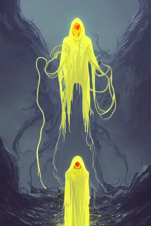 Image similar to A full body portrait of a mysterious character with no face with a very long hooded yellow cloak with black tentacles that have eyes coming out the bottom art by Maciej Kuciara and Jason Chan, ominous, cosmic horror, trending on artstation, Ultra detailed, hyper realistic 4k