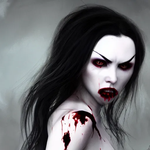 Image similar to Portrait of a pale white vampire woman with bright glowing strands of hair, dark black hair, blood dripping from her fangs,, posing ready for a fight, artstation, cgsociety, masterpiece, dark fantasy