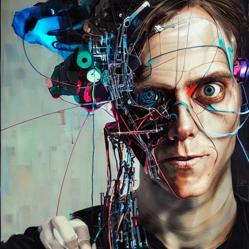 Image similar to zach greinke as a cyberpunk hacker, wires cybernetic implants, in the style of adrian ghenie, esao andrews, jenny saville, surrealism, dark art by james jean, takato yamamoto