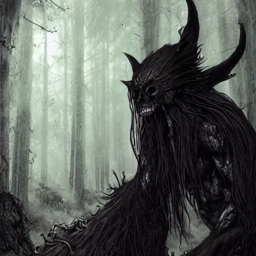 Prompt: ancient magus, fae, skulled creature with black fur, elegant, tendrils, forest, heavy fog, fantasy, hyper realistic