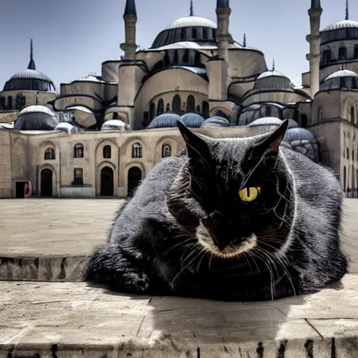 Prompt: A giant cat sitting next to a mosque in Istanbul, daytime, photorealistic, 4K, HD, award winning