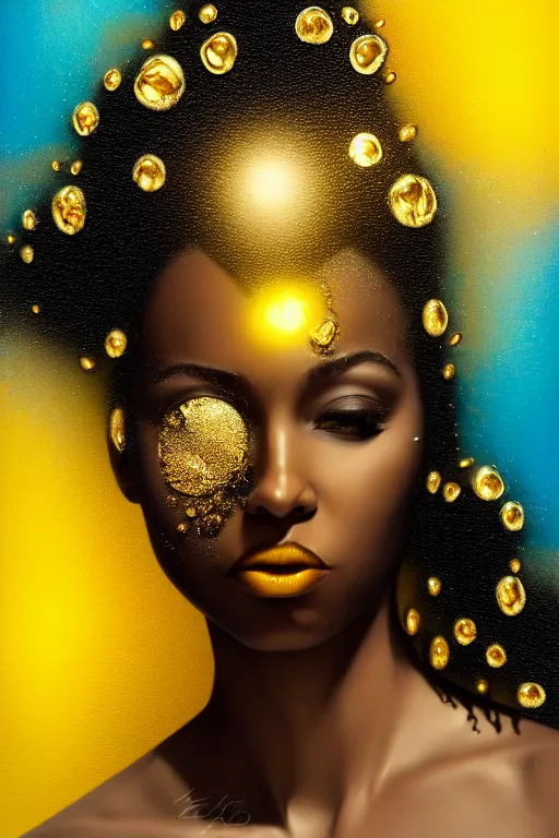 Prompt: hyperrealistic post - futurist cinematic very expressive! profile black oshun goddess, in water! up to shoulders, mirror dripping droplet!, gold flowers, highly detailed face, digital art masterpiece, smooth eric zener cam de leon, dramatic pearlescent turquoise light on one side, low angle uhd 8 k, shallow depth of field