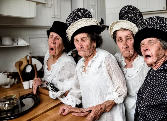 Image similar to close up of three old women from brittany with hats in white lace and dark folk costumes in a kitchen. they look visibly angry