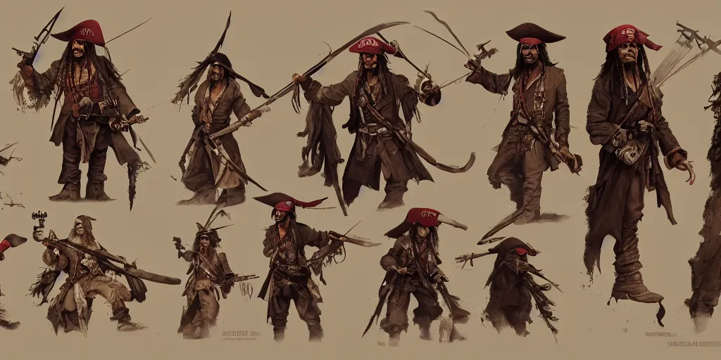 Image similar to jack sparrow, character sheet, concept design, contrast, kim jung gi, greg rutkowski, zabrocki, karlkka, jayison devadas, trending on artstation, 8 k, ultra wide angle, pincushion lens effect