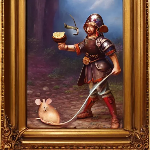 Prompt: mouse warrior reaches for floating crystal, famous oil painting, award winning, 8k scan