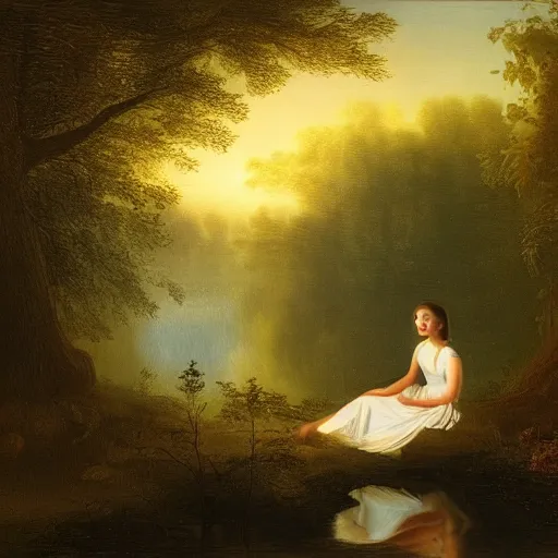 Image similar to girl in white dress sits by a pond in an apocalyptic dark forest at night, by john martin