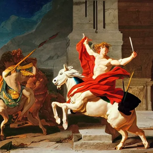 Prompt: mithras slaying the cosmic bull, as depicted by jacques - louis david