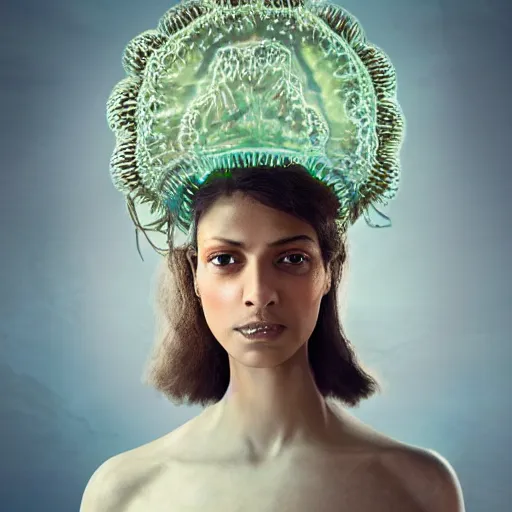 Image similar to a close - up shot of a brown woman wearing a luminous armor made of neon jelly fishes. jellyfish cap. soft lighting. fragile. haunting eyes!! coherent face!! no makeup!! muted colors. by ray caesar. by louise dahl - wolfe. by andrea kowch. surreal photography