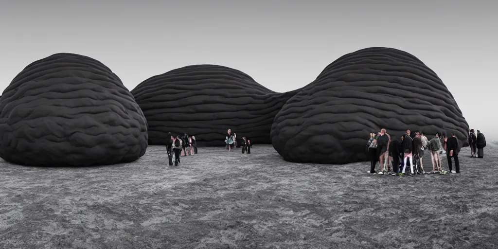 Prompt: huge matte black adult bouncy castle in big fruits form like a big puffer with seams, on a lunar landscape, style by anish kapoor, parts by shih chieh huang, warm soft light, shallow depth of field realistic, 8 k, hyperrealism, subsurface scattering, raytracing