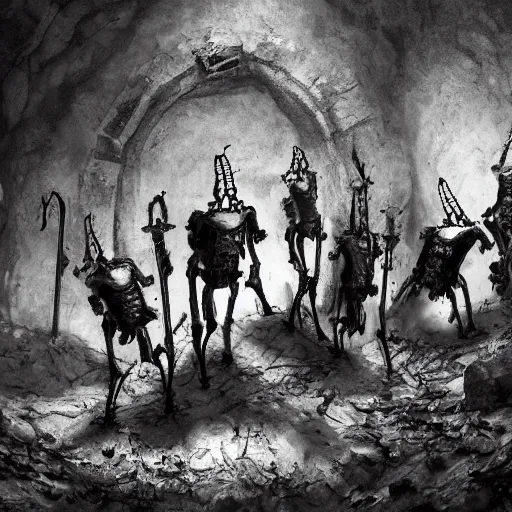 Prompt: 5 living undead skeletons emerging from a pile of brown shit and dirt in the bottom of a very dark well. swords in their hands. circular room. stone walls. bright runic symbols in wooden doors. wide angle. trending on artstation, craig mullins, gopro lens.