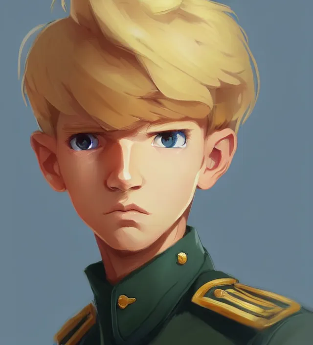 Image similar to character concept art of a cute young german boy with blond hair and bluish eyes, wearing a military uniform. lovely - fine - face, key visual, realistic shaded perfect face, fine details by rossdraws, james jean, andrei riabovitchev, marc simonetti, sakimichan, trending on artstation