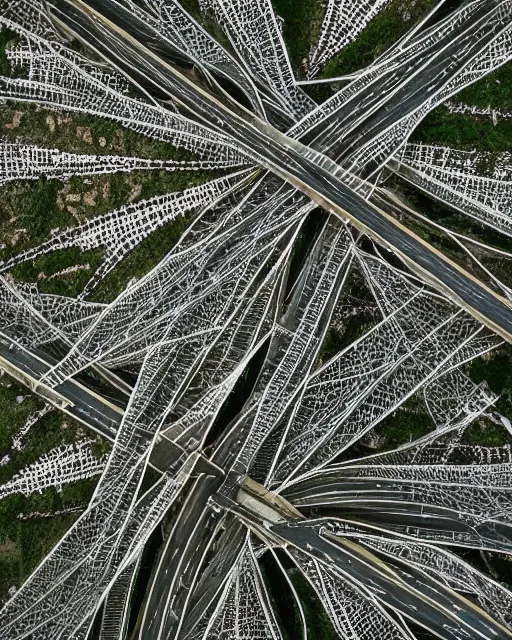 Prompt: orbital motorway, made of intricate decorative lace leaf skeleton, shot from a drone, in the style of the dutch masters and gregory crewdson, dark and moody