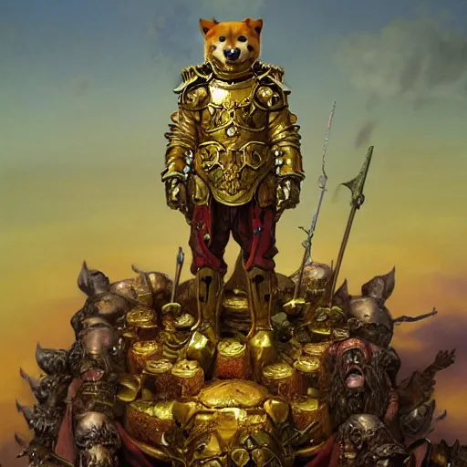 Image similar to anthropomorphic shiba inu, wearing gold armor, standing on pile of skulls, graveyard of skulls, fantasy 3 d render, masterpiece, glowing red light aura, by donato giancola and greg rutkowski and wayne barlow and zdzisław beksinski, realistic face