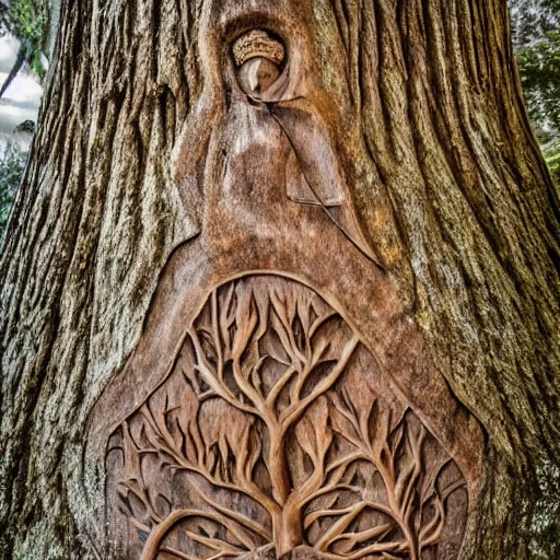 Prompt: an old living tree with a carving of the goddesses fraya, award winning photo, day time photos, 8 k photography.