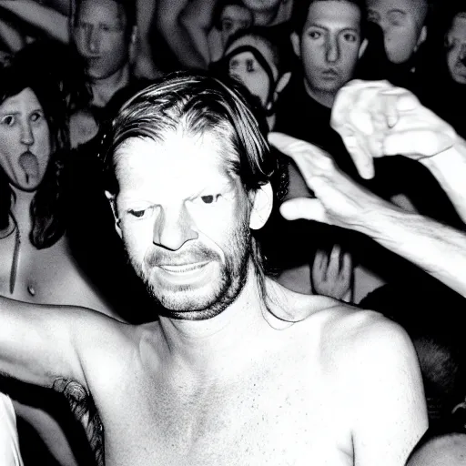 Prompt: aphex twin - mogg dancing shirtless at a rave, dramatic angle