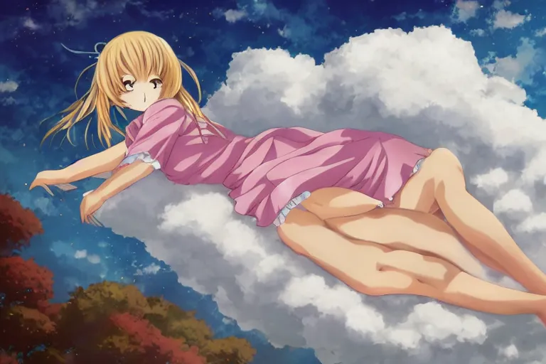 Image similar to a cute anime girl relaxing on a cloud by aoshima, chiho,