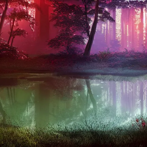 Image similar to soft painting rooster reflection refraction world synthwave ruins ponds alien vegetation, accurate features, focus, very intricate ultrafine details, black autumn, dense fog, award winning masterpiece, octane render 8 k hd, fantasy