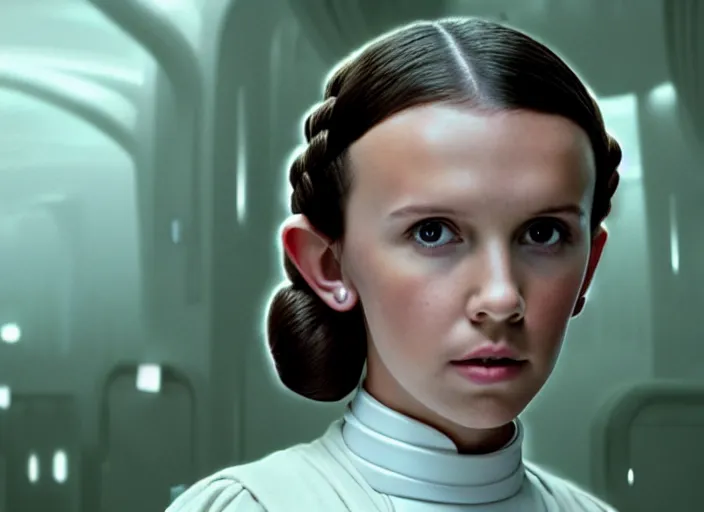 Prompt: film still of!!!! millie bobby brown!!! as princess leia in star wars movie, long braided hair pulled back, closeup portrait, wearing long white robe, deep focus, exploring interior of a science fiction garden on naboo, glamour pose, dramatic lighting, octane, mist, volumetric lighting, 8 k