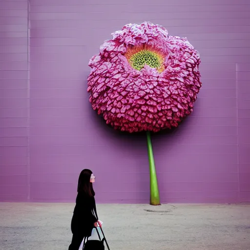 Image similar to giant flower head, woman walking, surreal photography, cinematic, symmetry, flat space, fanciful, bright, detailed, wes anderson