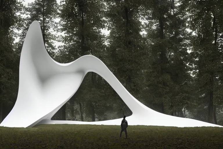 Prompt: a white sculpture designed by Zaha Hadid in a forest, dramatic lighting, trending on Artstation, 8k, photorealistic, hyper detailed, unreal engine 5, IMAX quality, cinematic, epic lighting, in the style of Greg Rutkowski