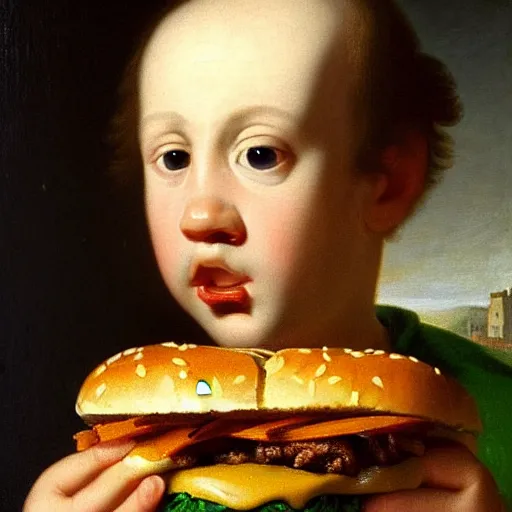 Prompt: realist close up portrait of a king eating a hamburger, oil on canvas, aged, focused, sharp, detailed, 8 k by joseph ducreux