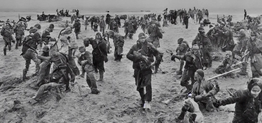 Image similar to the pope storming omaha beach during ww ii