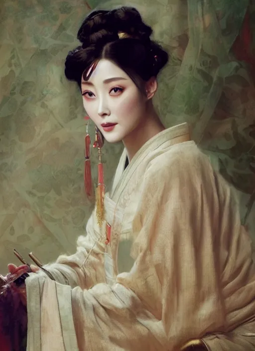 Image similar to detailed portrait of fan bingbing wearing hanfu, natural light, painting by gaston bussiere, craig mullins, j. c. leyendecker