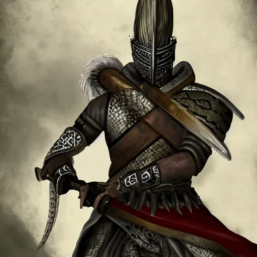 Prompt: a white haired snake soldier with a snake head, fantasy, inspired by dark souls, 4 k