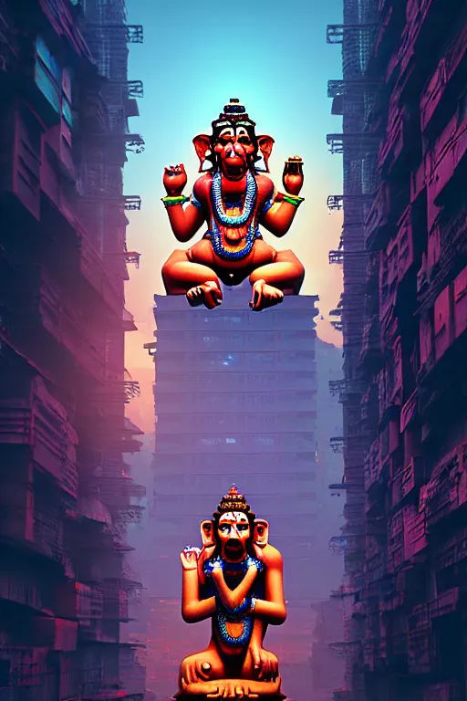 Image similar to high quality 3 d render cyberpunk mumbai!, kalighat hanuman!! head highly detailed, cinematic smooth unreal engine, lee madgwick, hard morning light, long shot, low angle, uhd 8 k, sharp focus