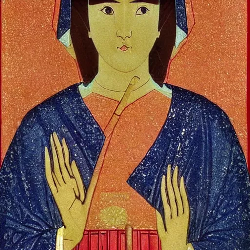 Prompt: portrait of asian looking girl in iconography style andrei rublev glitter