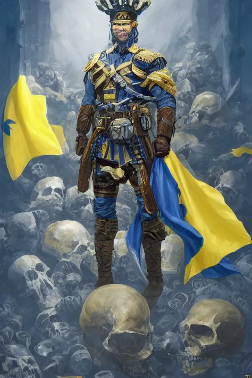 Prompt: A super soldier with Сoat of arms of Ukraine on his chest and blue and yellow flag behind him is standing on a pile of skulls with Z character on foreheads, D&D, dark fantasy, intricate, elegant, highly detailed, digital painting, artstation, concept art, smooth, sharp focus, illustration, art by artgerm and greg rutkowski and alphonse mucha