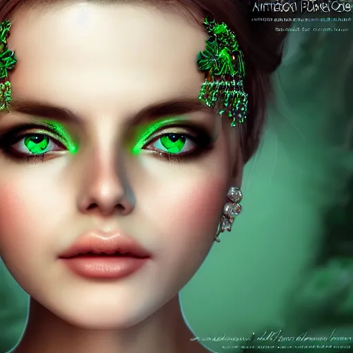 Image similar to wonderful princess with smooth fair skin, alluring eyes, green jewelry, breathtaking, elegant, intricate, hyper detailed, accent lighting, 4 k glamour photography, octane render