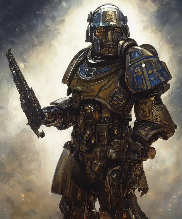 Image similar to morgan freeman as warhammer 4 0 k space marine chaplain, portrait, fantasy, intricate, elegant, highly detailed, digital painting, artstation, concept art, smooth, sharp focus, illustration, art by artgerm and greg rutkowski and alphonse mucha