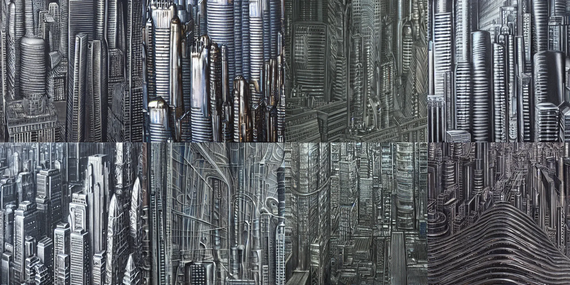 Prompt: closeup of metallic city skyline , hyperrealism, by giger, h.r giger, hr giger, highly detailed,soft lighting, film grain, medium format, 8k resolution, oil on canvas