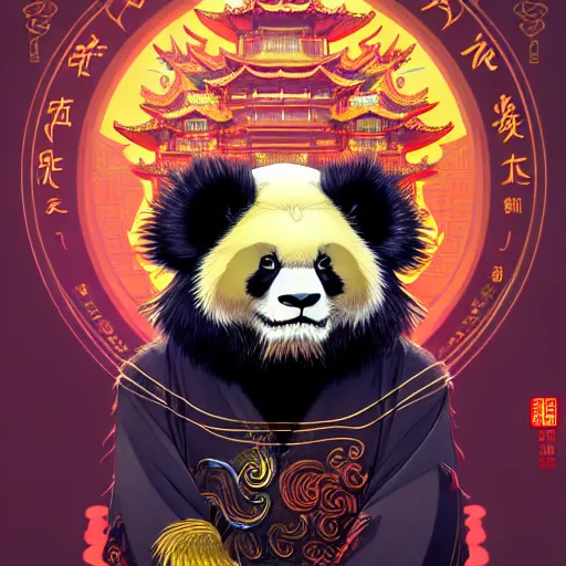 Image similar to a beautiful hyperdetailed character design 4 k wallpaper illustration of a cute panda with a chinese lion dance head victo ngai cyberpunk style, from china, style of studio ghibli, makoto shinkai, raphael lacoste, louis comfort tiffany, artgerm, james jean, ross tran, chinese style