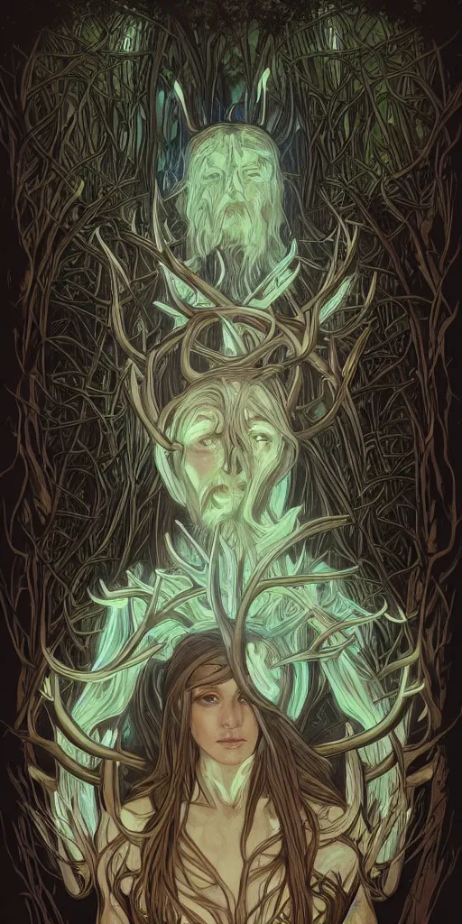 Prompt: intense bioluminescent glowing pagan god with antlers and pure black eyes and long beard in very dark forest by artgerm and alphonse mucha, portrait, fantasy, clear, light beams, lens flare, intense, uhd, amazing depth, cinematic lighting