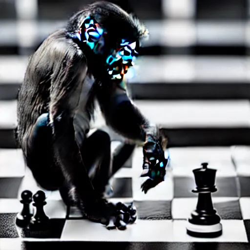 Image similar to black and white portrait photo of a monkey eating a chess piece by annie liebovitz,